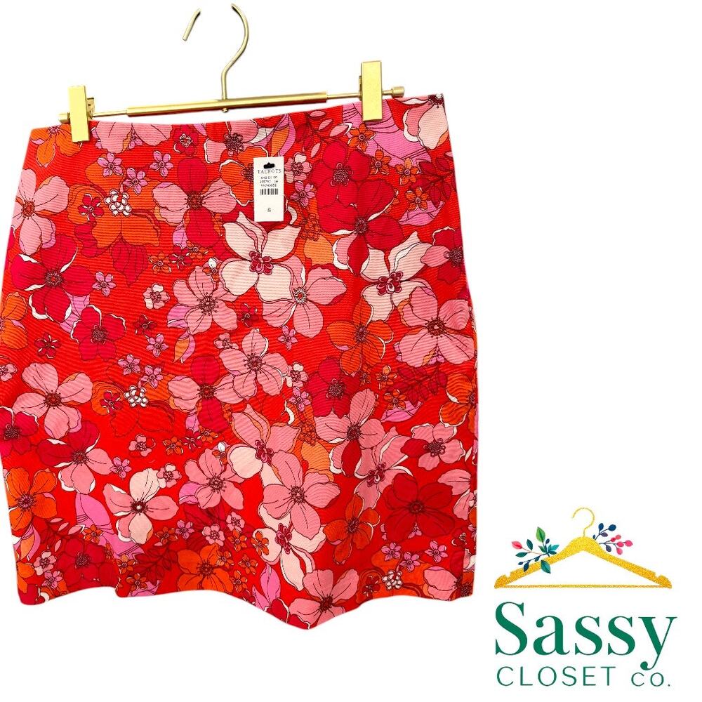 TALBOTS Red Floral Canvas A-Line Skirt 8 NWT Poppy Summer Preppy EUC